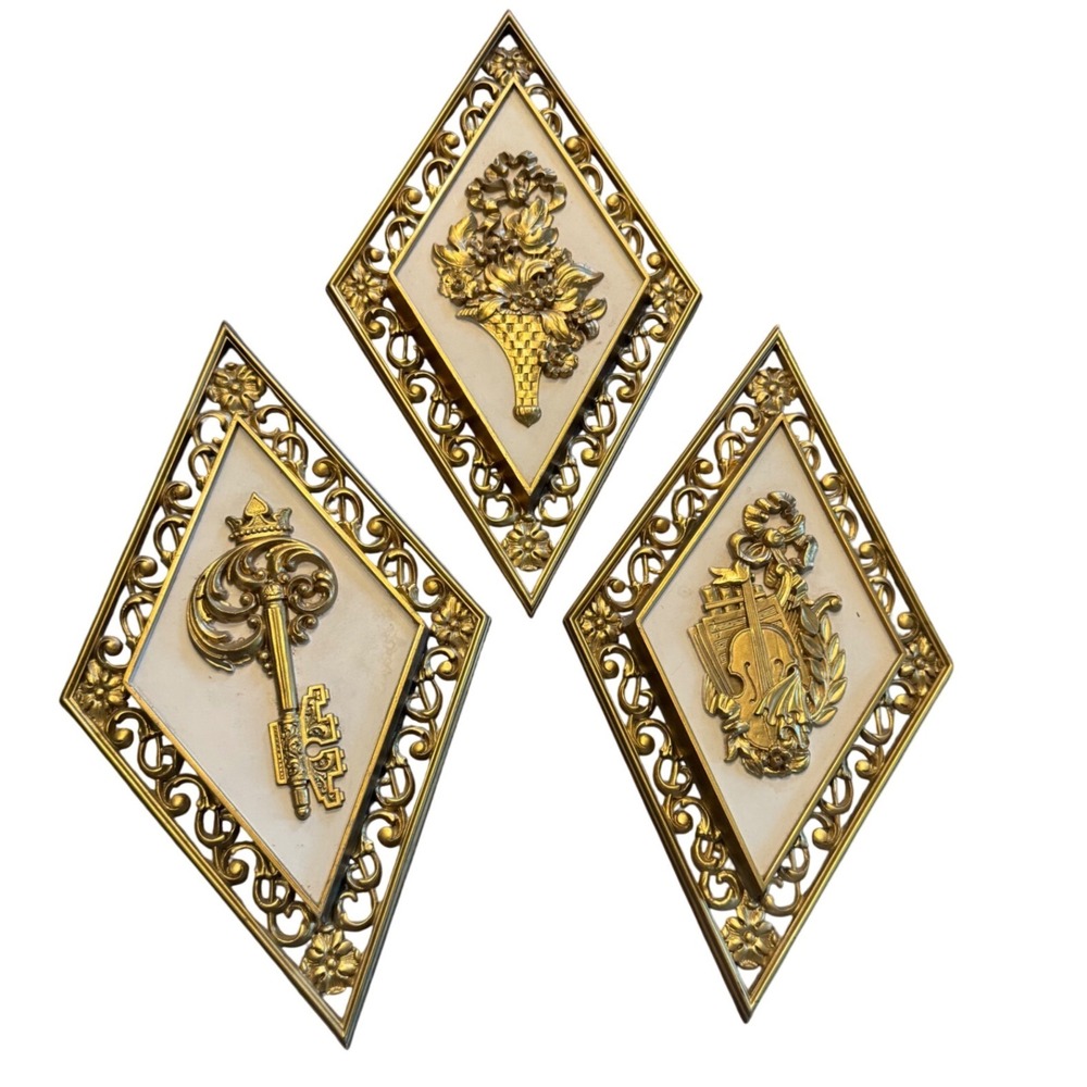 Vtg MCM Syroco 4271 Diamond Wall Hangings Art Retro Mid Century Gold Hollywood